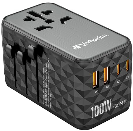 Verbatim GaN - Adattatore da viaggio universale UTA‑06 100 W, con 2 porte USB‑A e 2 porte USB-C, caricatore rapido per laptop, cellulare, fotocamera e Co, spina da viaggio utilizzabile in tutto il