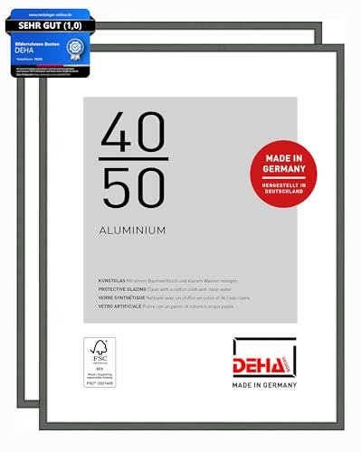 DEHA Design Bilderrahmen, 40 x 50 cm (2er Set), Aluminium, Grau matt, Posterrahmen zum Aufhängen im Hoch- & Querformat, bruchsicheres Kunstglas, Boston