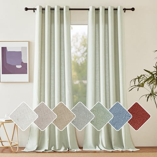 PONY DANCE Wohnzimmer Gardinen Modern Leinenvorhang mit Ösen 2er Set H 245 x B 140 cm Linen Curtains for Living Room Gardinen Leinen Halbtransparente Vorhänge Leinenoptik Salbeigrün