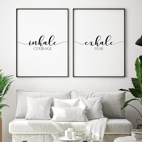 AWKFHF Inhale Courage Exhale Schwarz-Weiß Bilder,Leinwandbild Poster Kunstdruck Wohnzimmer Deko Schlafzimmer Bilder Wanddekoration (2X20X30CM,ohne Rahmen)