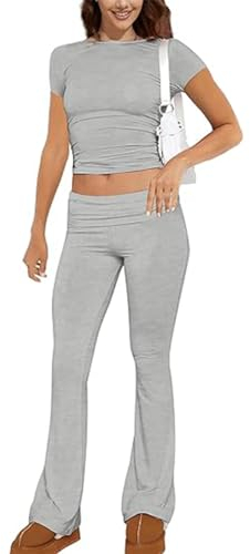ABINGOO Tuta da Donna Casual 2 Pezzi a Maniche Lunghe Aderente Crop Top Svasati a Vita Bassa Pantaloni Lounge Set Yoga Tuta(Z-Grigio,S)