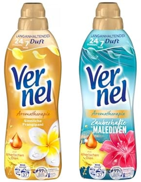 VERNEL Weichspüler-Set 2x 37 Waschladungen (74WL) Aromatherapie 1x Sinnliche Frangipani & 1x Zauberhafte Malediven, langanhaltender Wäscheduft mit ätherischen Ölen für 24/7 Frische