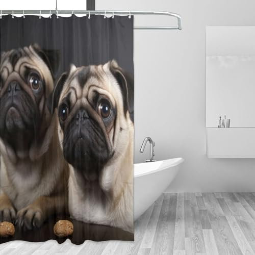 DJUETRUI Duschvorhang mit niedlichem Mops-Motiv, wasserdicht, Polyester-Stoff, moderne Heimdekoration, Badewanne, Sichtschutz 183 x 183 cm