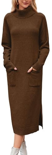 Arach&Cloz Strickkleid Damen Lang Wool Blend Winterkleid Rollkragen Pulloverkleid mit Tasche Lose Herbst Winter Kleid Chocolate,M
