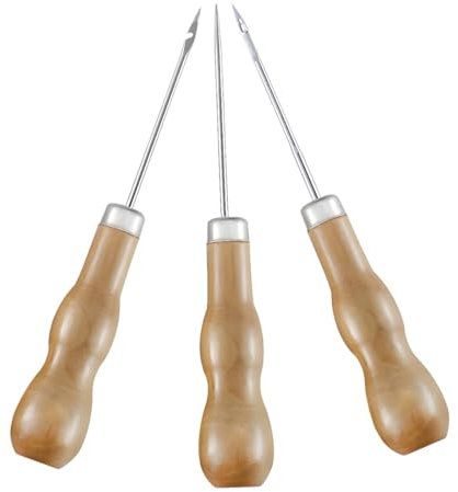 BDEPSTR Punteruolo con Manico in Legno, Punteruolo in Legno in 3 Pezzi, Bucatore, Punteruolo per Cucire a Mano, Set di Punteruoli per Cucire per Riparazioni in Pelle Fai Da Te