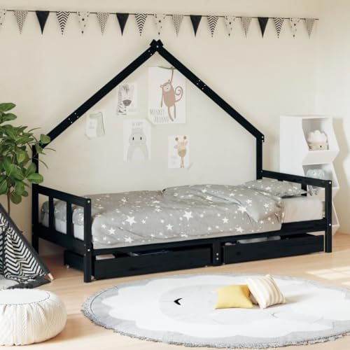 Hommdiy Kinderbett, Kinder Bettgestell mit Schubladen, Hausbett für Kleinkinder ab 4 Jahren, Einzelbett Kinder Jugendbett Holzbett Stil C,90 x 200 cm,Schwarz