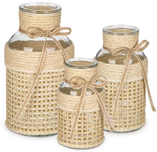 Oairse Flower Vase Set of 3 Glass Vase for Flowers with Rattan Cover Modern Small Vases Decorative Flower Bottle Home Vases Décor Table Centerpieces Farmhouse Wedding Mantel Shelf Bedroom Decoration