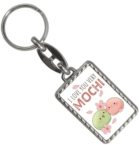 speecheese Mochi Paar Schlüsselanhänger mit Bordüre mit Spruch I love you very Mochi Kawaii Manga Design Japanisches Kirschblüten-Sakura-Motiv Perfekte Liebe für Japan-Fans