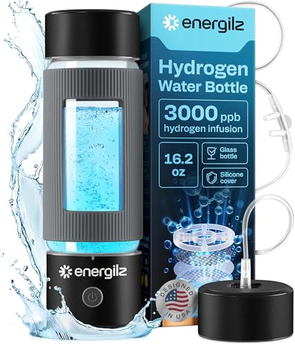 ENERGILZ Bouteille d'eau hydrogène – 473,6 g, SPE & PEM Bouteille d'eau ioniseur d'hydrogène 3000 ppb, protection en silicone, générateur d'eau hydrogénée, bouteille d'eau hydrogénée inhalable pour la