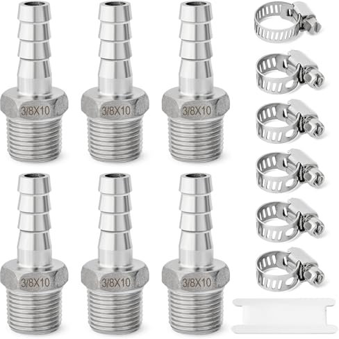 Josaton Stainless Steel Barb Hose Fitting 3/8” BSP Male x 3/8” Barb (10mm), Hose Connector with Hose Clamp 6 Set Pipe Fitting for Air Water Fuel