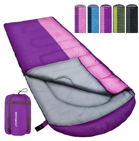 WKFAMOUT XL Schlafsack Outdoor 10℃ Deckenschlafsack für Erwachsene Maschinenwaschbar Schlafsäcke 3–4 Jahreszeiten mit Kompressionssack Camping Wandern 220x85CM Lila