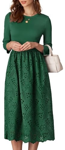 High Waist A-Line Dress 3/4 Sleeve Solid Colour Dress Crew Neck Casual Dress Dark Green XXL