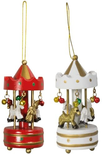 Baumschmuck Karussell aus Holz H:10 cm (2er Set) rot & Weiss - Baumkugel Jahrmarkt, Weihnachtsdeko, Christbaumkugel, Weihnachten
