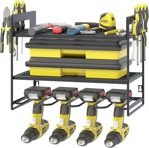 Power Tool Storage, Wall Mount Drill Holder for 4 Power Drill Tools, Power Drill Tool Holder, Heavy Duty Tool Shelf, 3 Layers Tool Rack with Side Screwdriver Rack for Garage, Workshop (Black-Large)