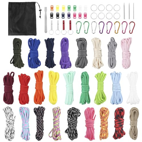 QWORK® 26 Rolle Nylon Paracord Set, 3 Meter/Rolle Multifarben Cord mit Zubehör, für DIY Armbänder, Hundeleinen und Dekorationen