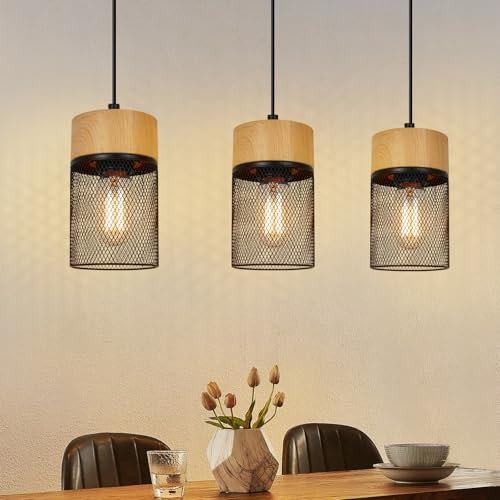 GBLY Hängelampe Vintage Pendelleuchte Esstisch: 3 Flammig Hängeleuchte Schwarz Holzmaserung Wohnzimmer Esszimmerlampe Industrial E27 Lampenfassung MAX.25W Esstischlampe für Schlafzimmer Küche Bar Flur