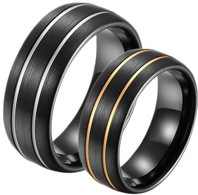 Ehering Nordisch, Wolfram Ring Partnerringe 2 Stück 8mm Schwarzer Gebürsteter Ring mit Rille Bandring Damen 60 (19.1) Herren 60 (19.1) für Paare