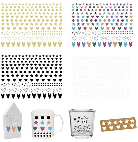 FloraVigo Rub On Sticker ca.A5 19x14cm-Spruch Deko zum Geburtstag, Keraflott, Hochzeit, Zuhause, Wischfolie für Möbel, Glas, Holz, Fotoalbum, DIY Deko, Aufkleberästhetik(4PCS) (Stern/Herz/Punkte)