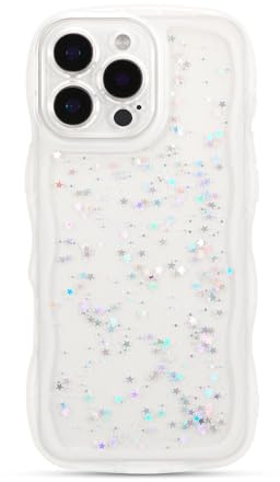 ZTOFERA Sparkly Glitter Wavy Case for iPhone 16 Pro (6.3), White | Curly Wave Frame Shape, Bling Sparkle Star, Clear Soft TPU Back Cover, Lightweight, Shockproof Protective Bumper Cover