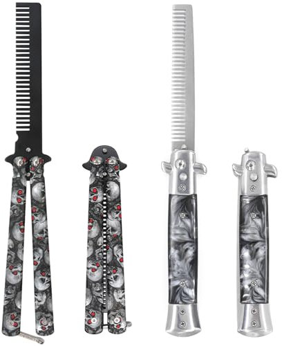 Yivioep 2 Piece Metal Switchblade Comb, Folding Skull Beard Comb Pocket Butterfly Mustache Comb for Men, Stainless Steel Switch Blade Travel Comb Hair Styling Tool