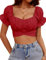 Meetjen Women's Tops Puff Short Sleeve Tie Knot Sexy Crop Off Shoulder Shirts Elegant Summer Blouse Red L