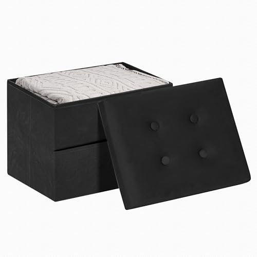 LOFTEY Ottoman Storage Box, Small Storage Stool with Side Pocket, Folable Foot Stool for living Room & Bedroom, 40 x 30 x 30 cm, Load up to 100 kg, Black