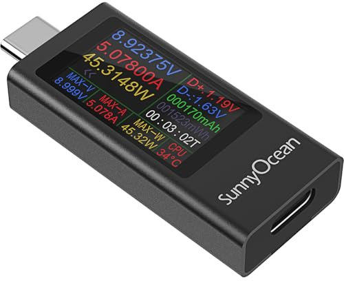 SunnyOcean Tester USB C, multimetro digitale di tipo C, 4 – 30 V 0 – 12 A 0 – 360 W PD Voltmetro di corrente Power Meter, tester di capacità USB, rivelatore di potenza