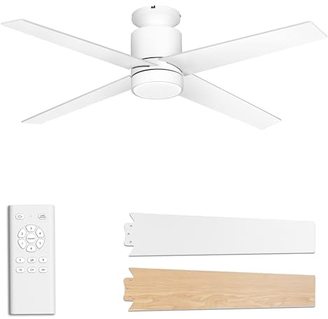 Ohniyou Ventilador de Techo con Luz, Ventilador de Techo de 52'' con Mando a Distancia, Motor DC Silencioso, Temporizador, Ventiladores de Techo Reversibles para Dormitorio Interior Exterior (Blanco)