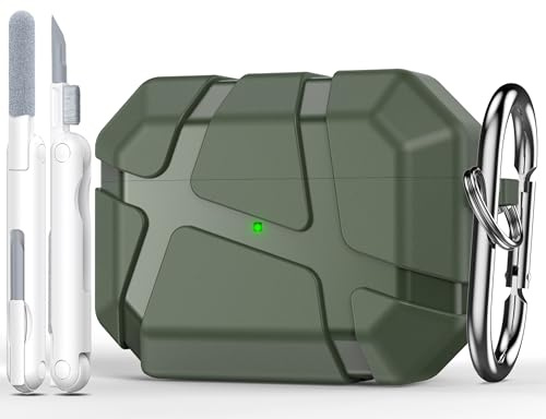 R-fun Silikonhülle Kompatibel mit AirPods Pro 2 Hülle, Stoßfeste Schutzhülle, Kompatibel mit AirPods Pro 2 Generation, mit Hartschalendesign & Kratzschutz, Front LED Sichtbar mit Karabiner (Grün)