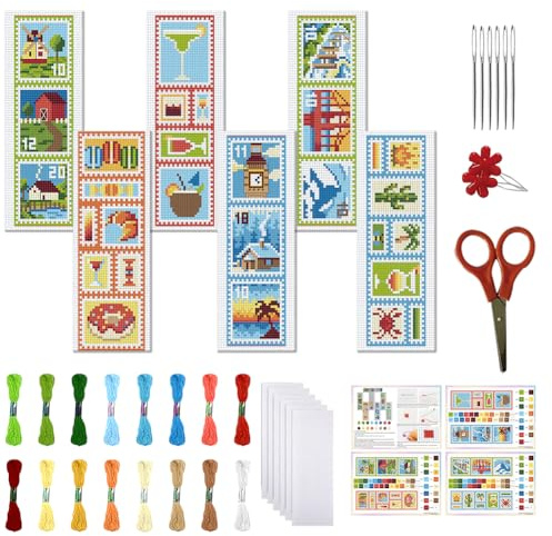 FREEBLOSS 6 Set Kreuzstich Lesezeichen Set Gestempeltes Kreuzstich Stickset „Seaside Window Pane“ Mit Anleitung Für Erwachsene 8'' x 2.4''