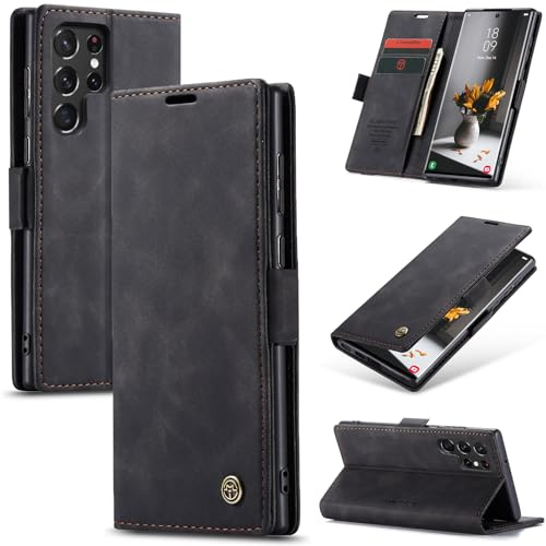 Azororo Handyhülle für Samsung Galaxy S22 Ultra 5G Hülle Premium Lederhülle Flip Case Magnet Tascher Kartenfach Standfunktion Klapphülle Schutzhülle für Samsung Galaxy S22 Ultra, Schwarz