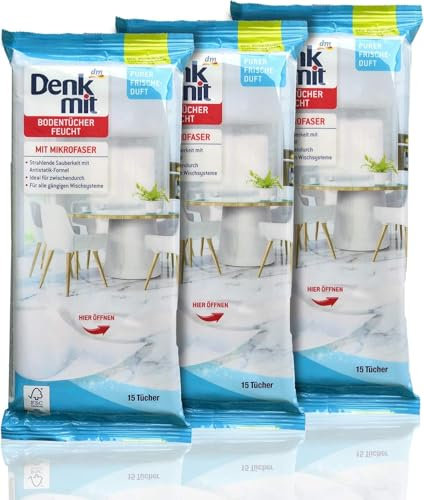 Denk-mit Bodentücher Feucht – Purer Frische-Duft | 3er Pack (3 x 15 Tücher) | Mit Mikrofaser & Antistatik-Formel | Streifenfreie Sauberkeit | Für alle Wischsysteme | + Purlife Sticker