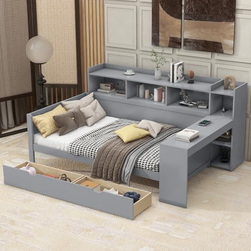 Rtopsu Kinderbett Sofabett 90x200 cm, Schlafsofa Tagesbett mit USB und Schreibtisch, Einzelbett Bett mit 2 Schubladen Stauraum, Holzbett mit Regal und Lattenrost aus Holz, Grau, Ohne Matratze