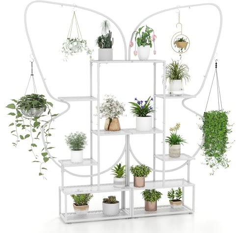 GOPLUS Support Plantes Interieur en Métal 7 Niveaux, 185 CM Haut, Porte Plante Interieur à Fleur avec 4 Crochet, 12 Étagère à Latte, Dispositif Anti-Basculement, pour Balcon, Terrasse (Noir|Papillon)