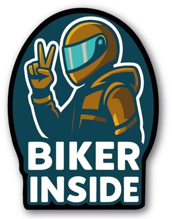 Biker Inside Sticker | Cooler Motorradfahrer mit Helm und Peace-Zeichen in Orange und Blau | Digitaldruck Aufkleber mit wetterfestem Schutzlaminat | Stickerfreaks | 16x12cm (L)