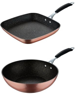Bergner Copper Grillpfanne 28 x 28 cm + Wok Ø28 cm aus geschmiedetem Aluminium mit ILAG Essential Beschichtung