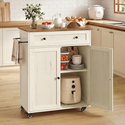 VASAGLE Küchenschrank, Küchenwagen mit Arbeitsplatte, Rollen, Schublade | Kücheninsel, Landhausstil, verstellbare Ablage, wolkenweiß-honigbraun, SIREN Kollektion KKI009WJ01