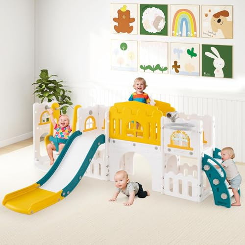 GOPLUS 10 en 1 Toboggan Interieur Exterieur Enfants Balançoire, Panier de Basket, Aire de Jeux Enfants en Plastique, Cabane de Jardin avec Echelle, 252 x 150 x 102CM, pour 1 Ans+ (Bleu+Jaune)