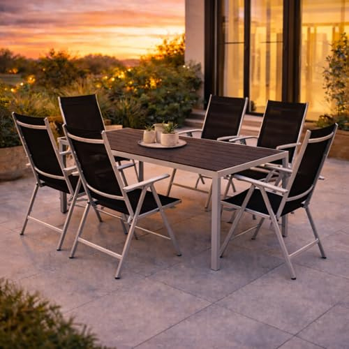 Mojawo 7tlg Outdoormöbel Set Gartenmöbel Gartengarnitur Nonwood Gartentisch 180x90cm + 6 Hochlehner Klappstühle Schwarz