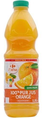 Pour un petit-déjeuner fruité et naturel sans sucres ajoutés — CARREFOUR EXTRA Jus d'Orange Pur Jus Sans Pulpe, Bouteille 1,5L - Lot de 4