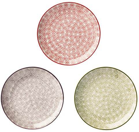 Bloomingville Teller Isabella Retro Dessertteller Frühstücksteller Vintage Kuchenteller rund ø 20 cm, rot lavendel grün, Keramik, 3er Set