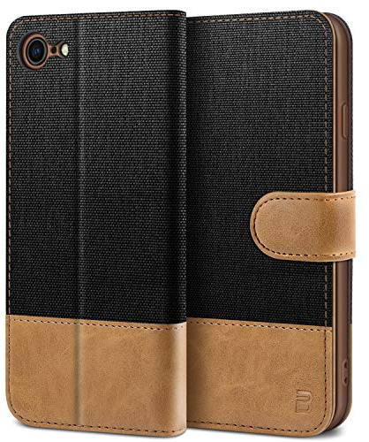 BEZ iPhone 8 Case, iPhone 7 Case, Phone Case Compatible with iPhone 7 / iPhone 8 / iPhone SE 2020, Flip Wallet Cover [Canvas Faux Leather] with Credit Card Holders, Kick Stand, Magnetic Closure, Black