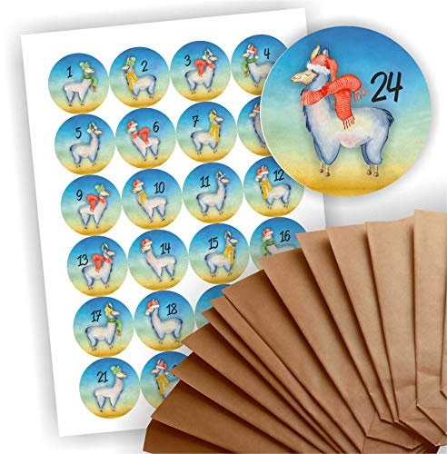 Adventskalender zum Befüllen 24 braune Geschenktüten Kraftpapiertüten + 24 weihnachtliche Aufkleber Papiertüte DIY Lama blau