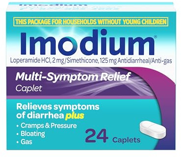 Imodium Multi-Symptom Relief Caplets with Loperamide Hydrochloride & Simethicone, Anti-Diarrheal Medicine for Treatment of Diarrhea, Gas, Bloating, Cramps & Pressure, Traveler's Diarrhea, 24 ct