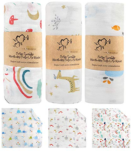 BelleStyle Swaddles Pucksack Baby 0-3 Monate, Größe 120 x 120 cm Weiche Bambus Baumwolle Musselin Babydecke Decken Pucktuch Wrap Baby Duschgeschenk für Neugeborene Junge Mädchen - 3 Stück