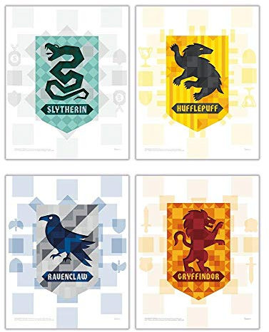 Trendyprint Juego de 4 banderas de Hogwarts de Harry Potter, Gryffindor, Hufflepuff, Slytherin, Ravenclaw, diseño geométrico, 20,3 x 25,4 cm