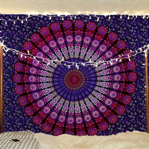 Popular Handicrafts Wandteppich, Hippie, Bohemian, Hippie, psychedelisch, indischer Pfau, Meditation, Design, indische Wandteppiche, Tagesdecke, 140 x 150 cm, Violett