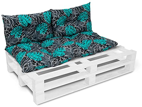 Amilian Palettenkissen Set: 120x60 cm + 2 x 40x60 cm Bankauflage Gartenbankauflage Stuhlkissen Gartenkissen Sitzauflage Bankkissen für Gartenbank Europaletten - Monstera Türkis Schwarz
