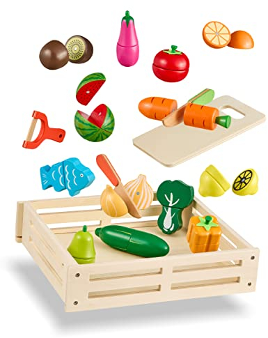 Balinco Accessoires DE Cuisine pour Enfants, Coffret Alimentaire avec Fruits & légumes à découper avec Planche, Couteau & éplucheur, Jouets en Bois pour garçons & Filles, Magnétique