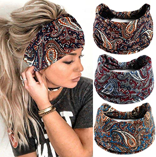 Fashband Breites Stirnband, elastisches Vintage-Haarband, Blumenknoten, Haarschmuck für Frauen und Mädchen (3er-Pack)
